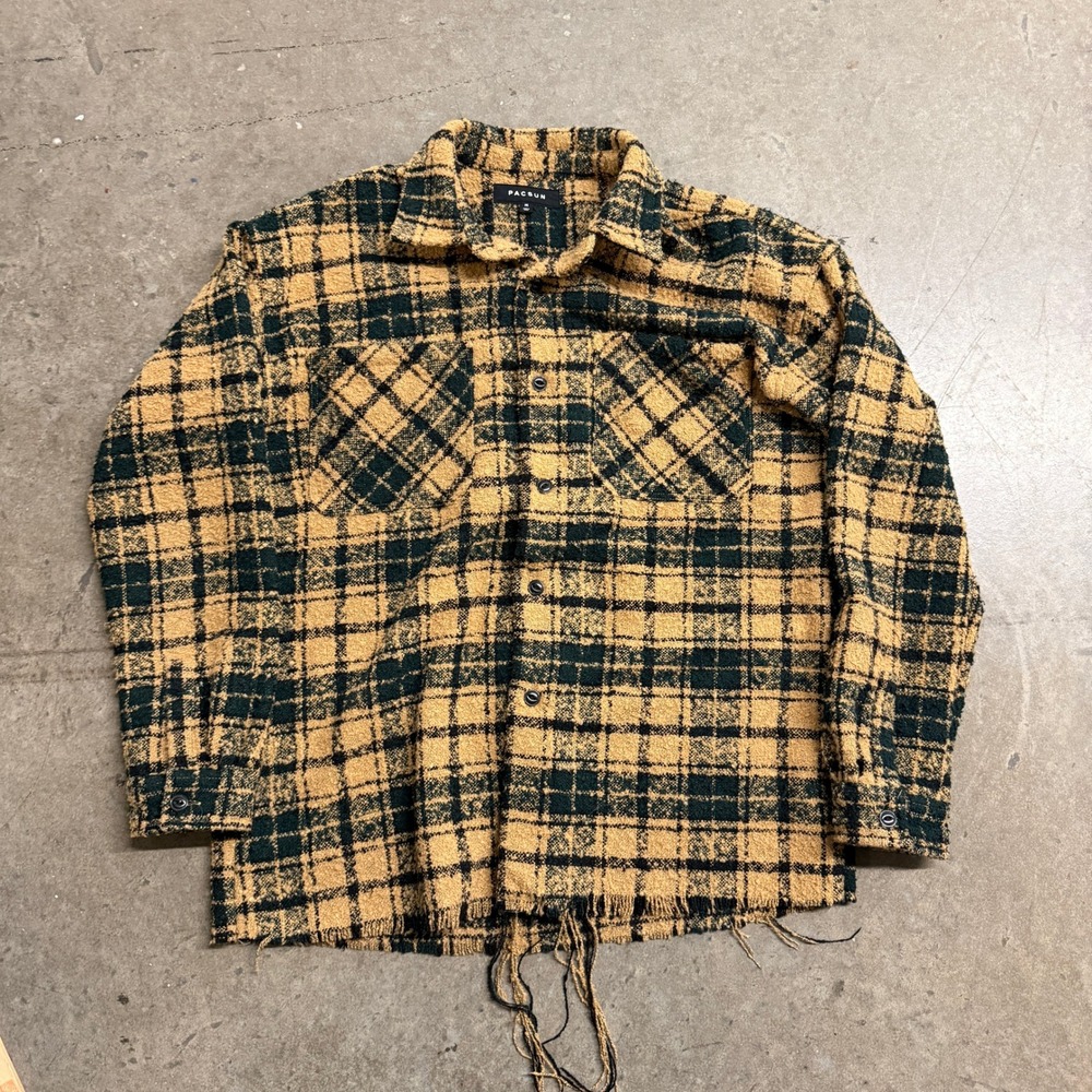 PacSun‎ Mens Plaid Flannel Button Down Shirt Yellow Green Frayed Hem Size M